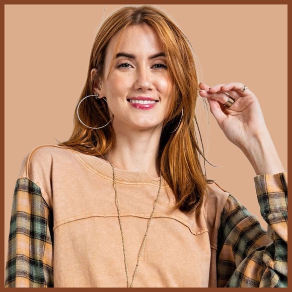 EASEL "In Your Dreams" Loose Fit Mineral Wash & Long Flannel Sleeves Tunic Top - Picture 3 of 12